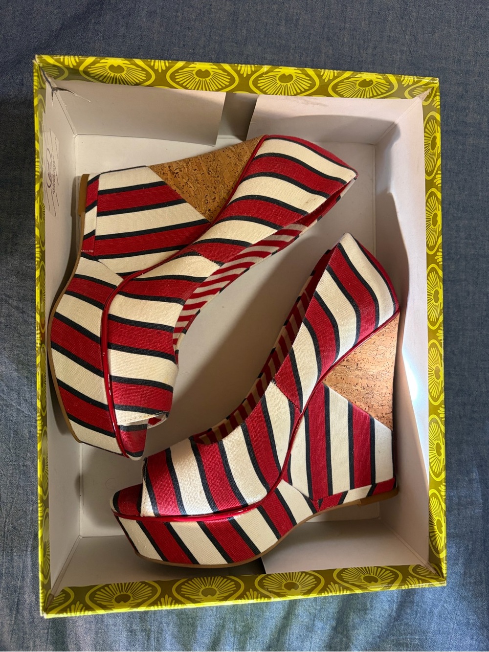 Red and White Striped Cork Wedge Sandals